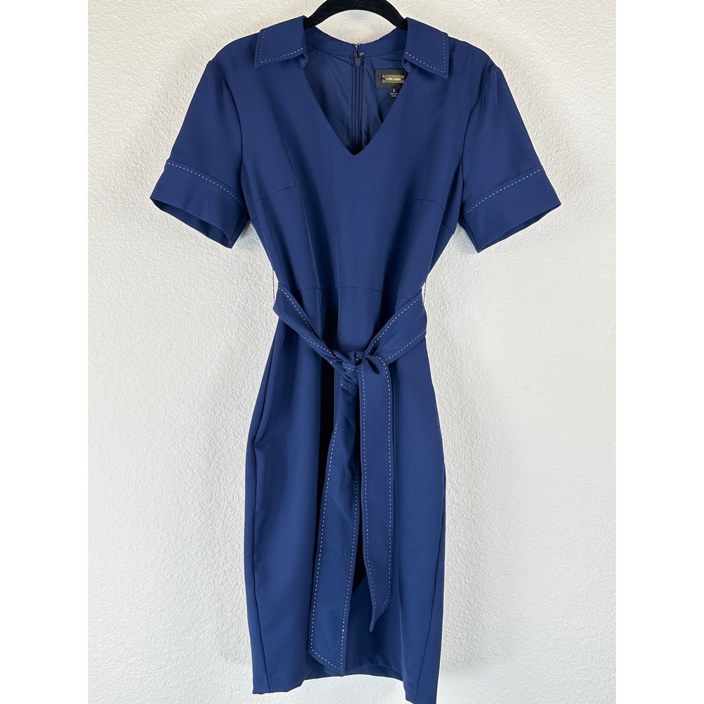 Alexia Admor Navy Sheath Dress Belted Collared V Neck Career Midi 8